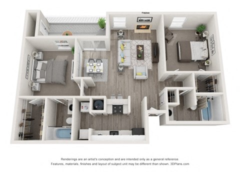 Floor plan for 2 beds, 2 baths, 950 sqft